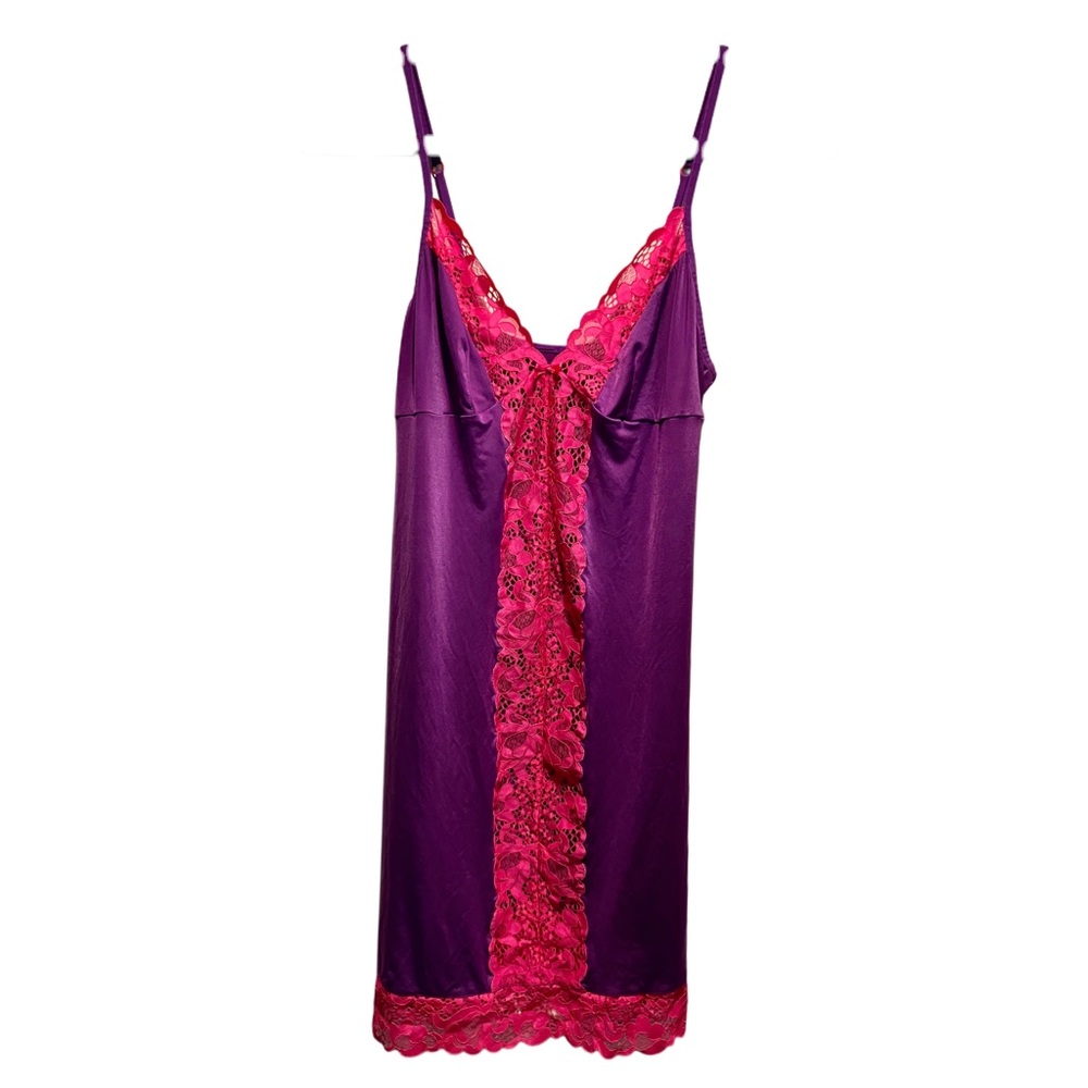 Natori Purple and Hot Pink Lace-Trim Slip Nightgown
